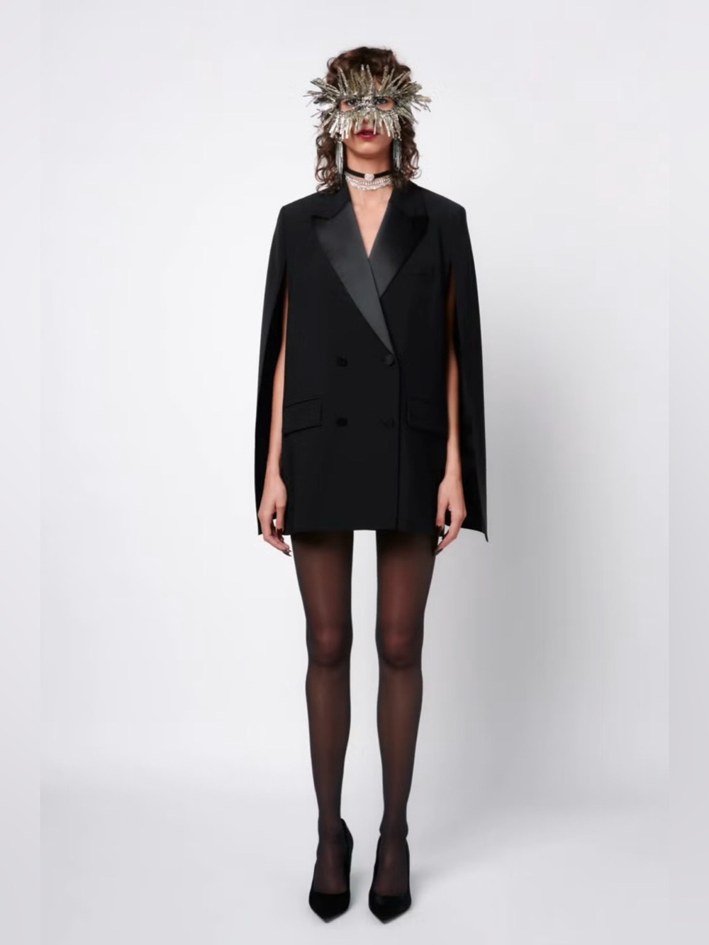 Zara Black Double-Breasted Cape Blazer with Satin Lapels